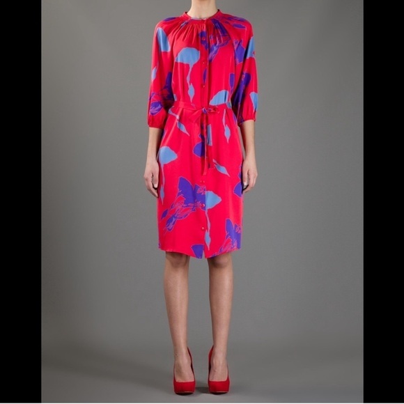 Tucker Dresses & Skirts - Tucker Disco in Red Sea Silk Ruched Abstract Button Up Shirt Dress Size M
